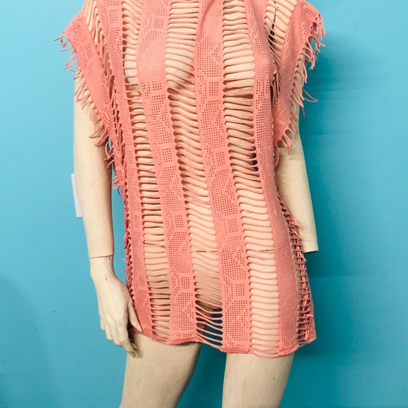 Salmon See Thru Slices & Fringe Pullover Sleeveless Tunic Top/Swimwear Cover~L - Picture 2 of 5